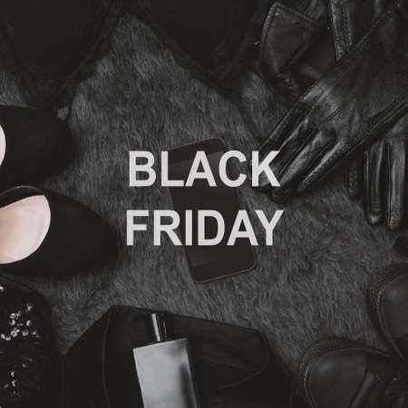 Black Friday Sale Fashion Background. Clothes Flat Lay with Shoes, Fragrance, Lingerie and Phone. Offer Shop Conceptの写真素材
