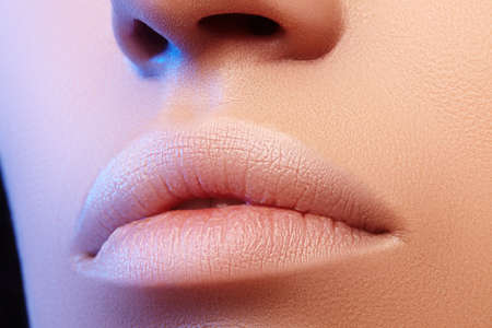 Perfect Natural Lip Makeup. Close Up Macro Photo with Perfect Clean Skin, Light Fresh Lip Make-up....