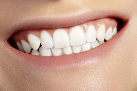 Dental Beauty. Beautiful Macro with perfect White Teeth. Natural Make-up. Whitening Tooth, Wellness Treatmentの写真素材
