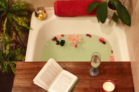Bath with flower petals. Book, candles and glass of wine on a wood tray. Organic Spa Relaxation in comfort cozy bathroomの写真素材