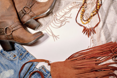 Boho Style. Leather Boots, Wooden Necklace, Denim Shorts and Hippie Bag with Fringe on White Background. Overhead View of Womans Casual Day Outfits. Trendy Hipster Look.の写真素材