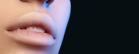 Natural Beauty. Closeup Of Nude Lips, Soft Texture, Emphasizing Dewy Skin Appearance. Natural Lips With Subtle Gloss And Smooth Skin In Clean Beauty Contextの写真素材