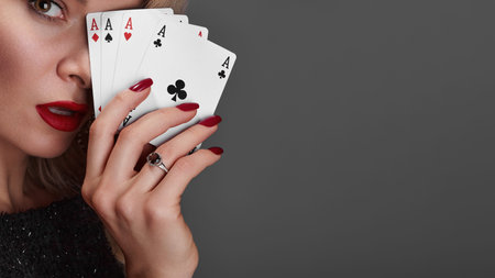 Four Aces Held By Woman Glamorous Closeup Red Lips Red Nails Diamond Ring Sequined Dress Confident...