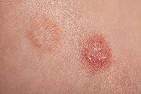 Closeup Inflamed Skin Lesions Showing Scab, Redness, Patient Torso Patch With Surrounding Lighter...