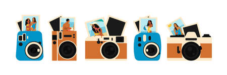 A set of Cameras with Photos. Summer vacation concept. Travel Photos with Cameras. vector illustration.のイラスト素材
