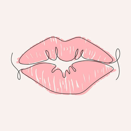 continuous line drawing. Beautiful women Lips logo. Pink color isolated outline vector illustration. Concept for logo, card, banner, poster, flyer.のイラスト素材