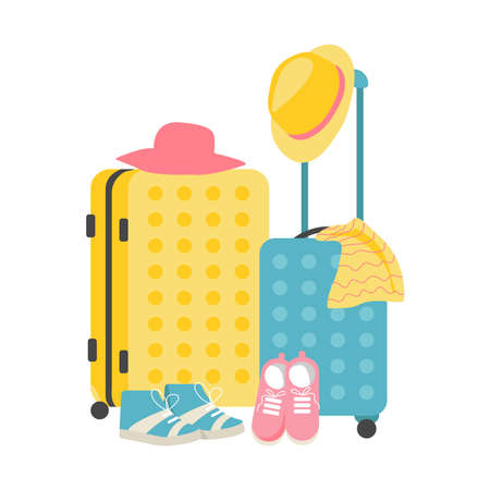 Suitcase with things for Travel or vacation. Hats, shoes, clothes. Vector flat design illustration.のイラスト素材