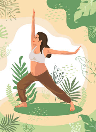 Pregnant woman Meditating and relaxing in Nature. Peaceful person practicing Yoga, spiritual Meditation surrounded by plant leaves. Harmony and peace concept. flat vector illustrationのイラスト素材