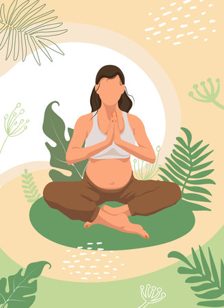 Pregnant Meditating Woman. Vector illustration of Faceless young brunette woman sitting in Yoga lotus position surrounded by plant leaves. Harmony and peace concept.のイラスト素材