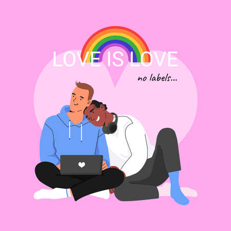 Gay couple cuddling and watching movie on laptop. Homosexual partners spend time together. Enamored...