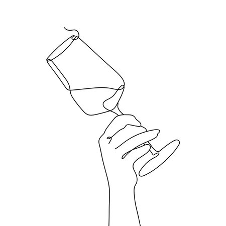 Continuous Line drawing of Hand holding Wine Glass. Line art illustration, vector.のイラスト素材