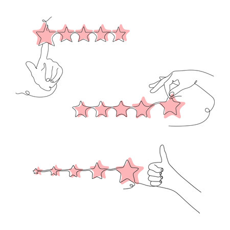 Set of Line art drawing Hands with Stars for Ratings, Reviews, testimonials. Hands show Star Rating. Icon for Ratings, Reviews, feedback. vector illustration.のイラスト素材