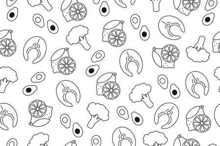 Seamless Pattern with Healthy trendy Food Icons. organic food background. Vector illustration in a linear simple style.のイラスト素材