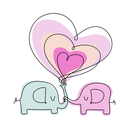 Elephants in love, Line art style illustration. Continuous Line drawing of two Elephants silhouette with hearts. vector illustration.のイラスト素材