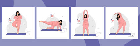 Cute overweight girl doing yoga. Set of yoga exercises. Concept of love for your Body and Body Positive and healthy lifestyle. Hand drawn thin line style. vector illustration.のイラスト素材