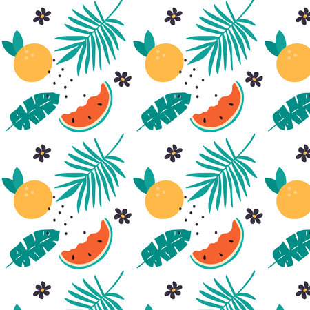 Colorful Tropical Fruits Seamless Pattern. Fruits and palm leaves. Bright fruits mix design for...