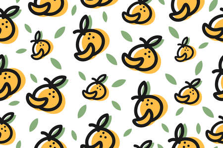 Tangerine or Orange Seamless Pattern. Fruit endless Pattern for print, textile, fabric, wrapping paper, wallpaper, scrapbooking. Vector illustration, outline style.のイラスト素材
