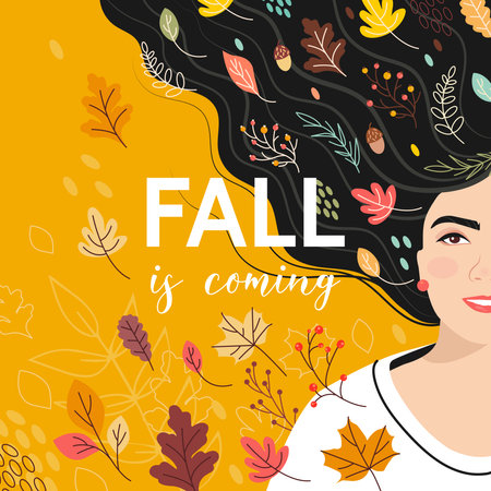 Postcard design with a young dark-haired beautiful Girl and the inscription Fall is coming. Enjoy the Fall concept. Vector illustration in flat style.のイラスト素材