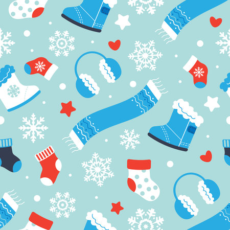 Cute New year and Christmas seamless Pattern. Winter Clothes, vector illustration. gift wrapping paper. Concept of winter holiday.のイラスト素材