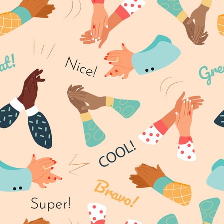Seamless Pattern with Applause, Handclaps. Lettering on a endless Pattern - nice, bravo, cool, super, great. Concept of successful business and performance. vector illustration.のイラスト素材