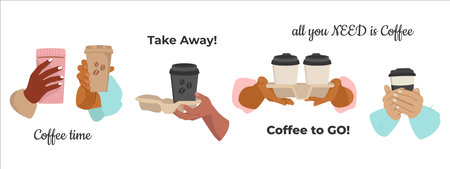 Set of Diverse Hands of multicultural people holding Coffee cups. Concept of Coffee to go. Breakfast hot drinks and drinks. Flat vector cartoon illustration isolated on white.のイラスト素材