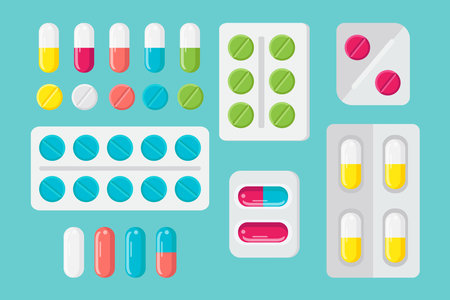 Set of Pills, tablets and capsules. Flat vector illustration.のイラスト素材