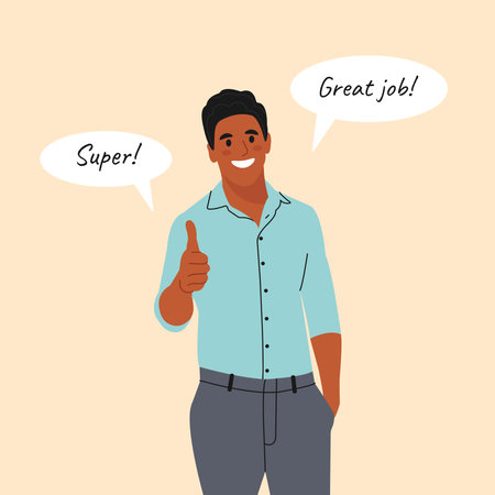 Smiling african american man Gesturing in Gratitude. Concept of positive Feedback, Acknowledgment and Gratitude. Flat vector illustration.のイラスト素材
