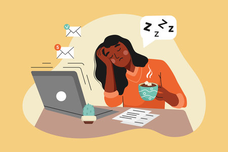 African American Woman is Tired of working on a Laptop. The girl wants to Sleep. She holds a cup of Coffee in her hands and falls Asleep. Vector illustration on the theme of eye health and Fatigue.のイラスト素材