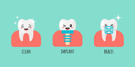 Set of Teeth in different states. Kawaii faces. vector illustration.のイラスト素材
