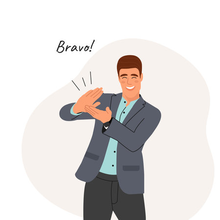Smiling Man Office worker Applauding. A man in a business suit. Flat vector illustration.のイラスト素材