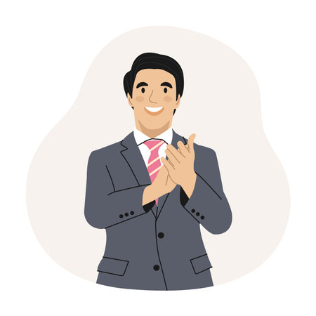 Smiling Man Office worker Applauding. A man in a business suit. Promotion, demonstration and admiration concept. vector illustration.のイラスト素材