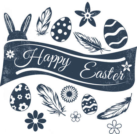 Lovely hand drawn Easter design, cute bunnies and colorful eggs, beautiful flowers, fun template for greeting cards, invitations, banners, wallpapers - vector designのイラスト素材