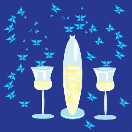 The bottle, two glasses and butterflies. Illustration.のイラスト素材