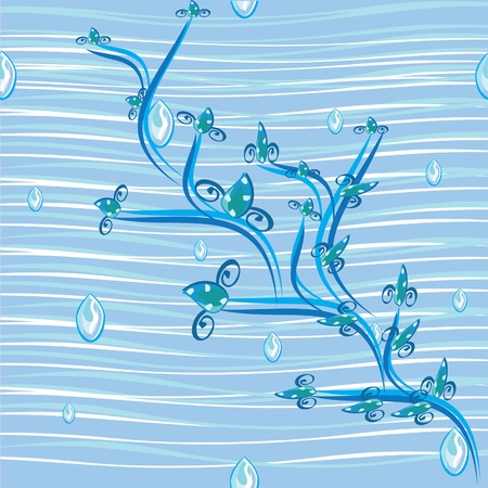Abstract water background and branch with flowers on blue. Illustrationのイラスト素材