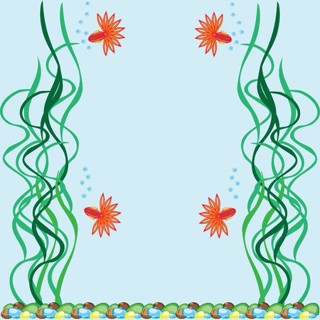 The underwater world. An abstract framework on a blue background with fishes. Illustration.のイラスト素材