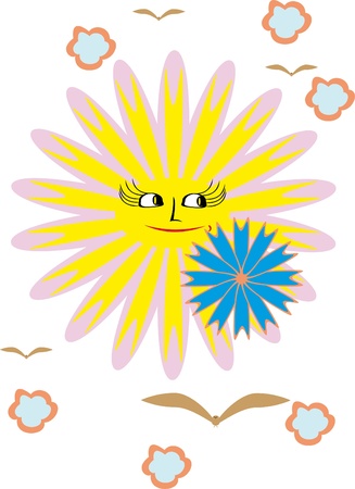 The sun, birds and clouds. illustrationのイラスト素材