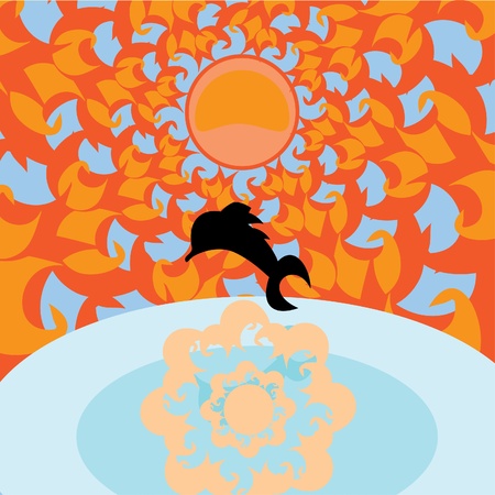 Illustration with sea, sun and image dolphinsのイラスト素材