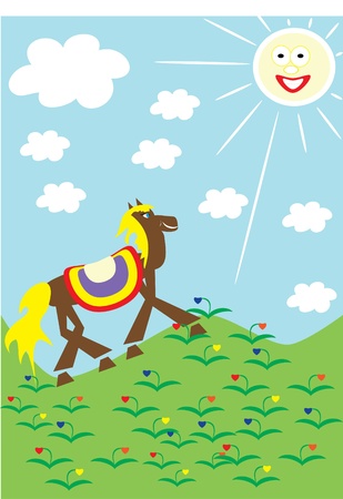 The horse walks on a green grass. illustration.のイラスト素材
