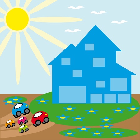 The family of cars has arrived home. An animated illustrationのイラスト素材