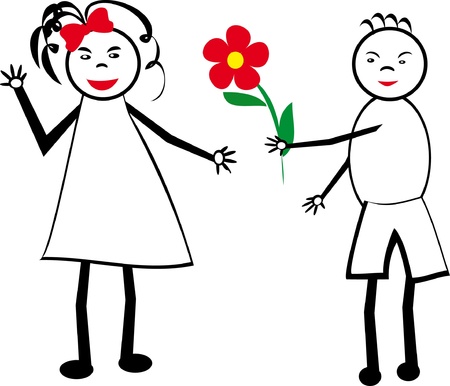 The boy gives flowers to the girl. A children's picture. Illustration.のイラスト素材
