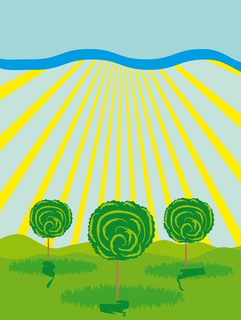 Trees, sun and grass. vector illustrationのイラスト素材