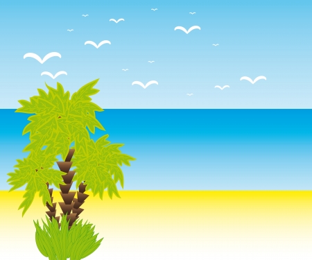 three palm trees, the beach and the sea. Vector landscapeのイラスト素材