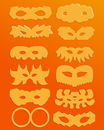 set of orange  silhouettes of paper carnival masksのイラスト素材