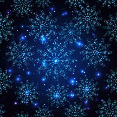 seamless texture with lace snowflakes and light elements on dark blue backgroundのイラスト素材