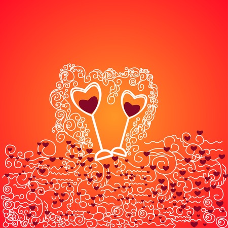 abstract background with hearts and glasses of red wine. Theme Valentine's Dayのイラスト素材
