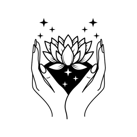 Vector illustration of a lotus flower held by two hands with stars surrounding it. The black and white design emphasizes spirituality and healing.のイラスト素材