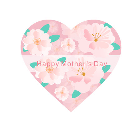 Vector illustration of a heart-shaped design with pink flowers and the text Happy Mother's Day in the center. Perfect for greeting cards, festive decorations, and celebrating Mothのイラスト素材