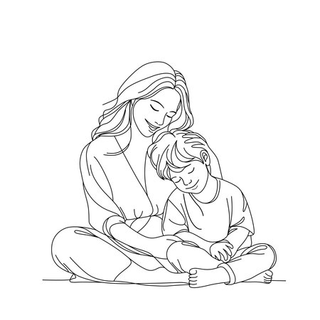 continuous line drawing of a mother and child sitting closely, depicting a loving and tender moment. The minimalist vector illustration captures the essence of family loveのイラスト素材