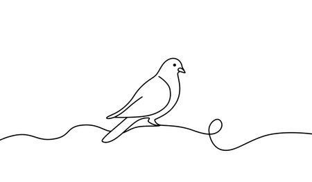 minimalist line art illustration of a bird perched on a curved line, drawn in a continuous single line style.のイラスト素材