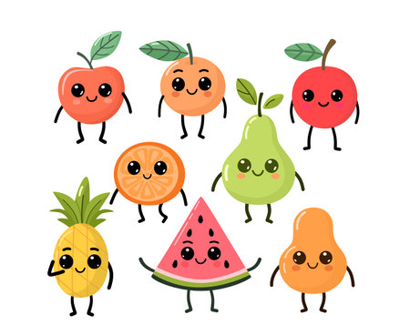 cute vector illustration of various smiling fruits with cartoon faces, including an apple, orange, cherry, pineapple, watermelon, pear, and papaya. Perfect for playful and vibrantのイラスト素材